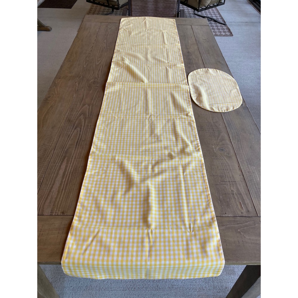 Yellow Gingham Checkered Table Runner‎ and Oval Placemat Set Farmhouse 81x17.5
